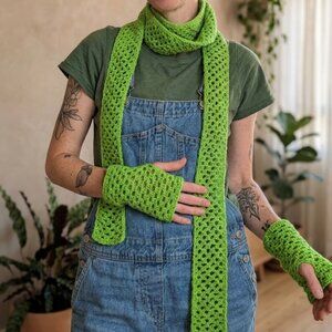 Handmade 90” Skinny Scarf & Glove Set - Brat Green / Gross Green Chartreuse